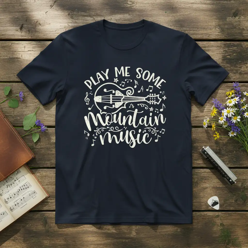 Play Me Some Mountain Music quote with an acoustic guitar design, perfect for music lovers