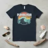 Retro Playalinda Beach t-shirt design featuring a large ocean wave, palm trees, and a colorful sunset background