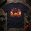 Player demon graphic with bold gold lettering on a navy t-shirt, designed for gamers