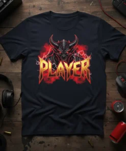 Player demon graphic with bold gold lettering on a navy t-shirt, designed for gamers