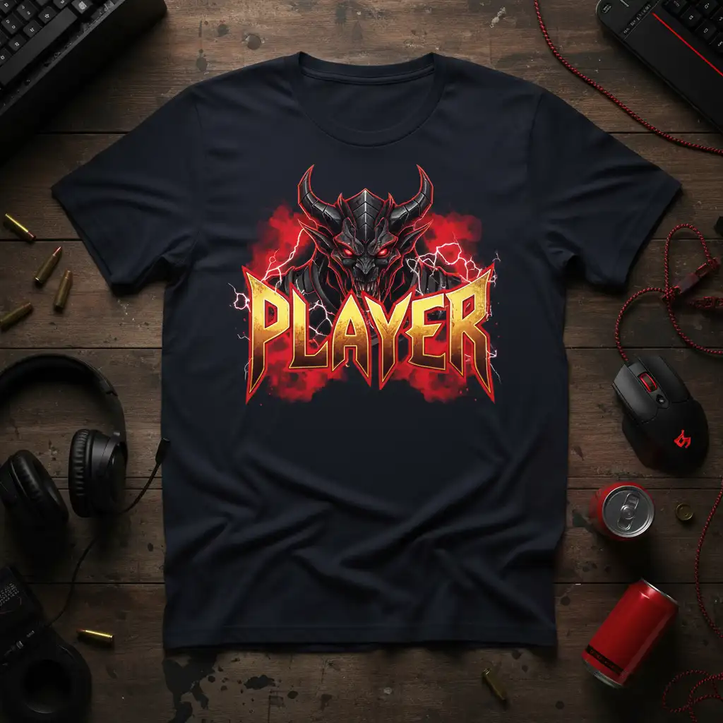 Bold 'PLAYER' text with a demonic figure surrounded by red energy and lightning on a gamer t-shirt