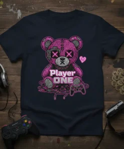 Player ONE gaming bear t-shirt design with neon pink accents and game controller