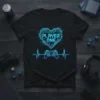 Black t-shirt with blue neon 'PLAYER ONE' text inside a circuit board heart, above a heartbeat line and game controller