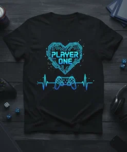 Black t-shirt with blue neon 'PLAYER ONE' text inside a circuit board heart, above a heartbeat line and game controller