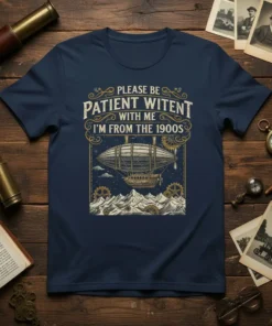 Navy blue t-shirt with "Please Be Patient Witent With Me I'm From The 1900s" text and a vintage airship graphic
