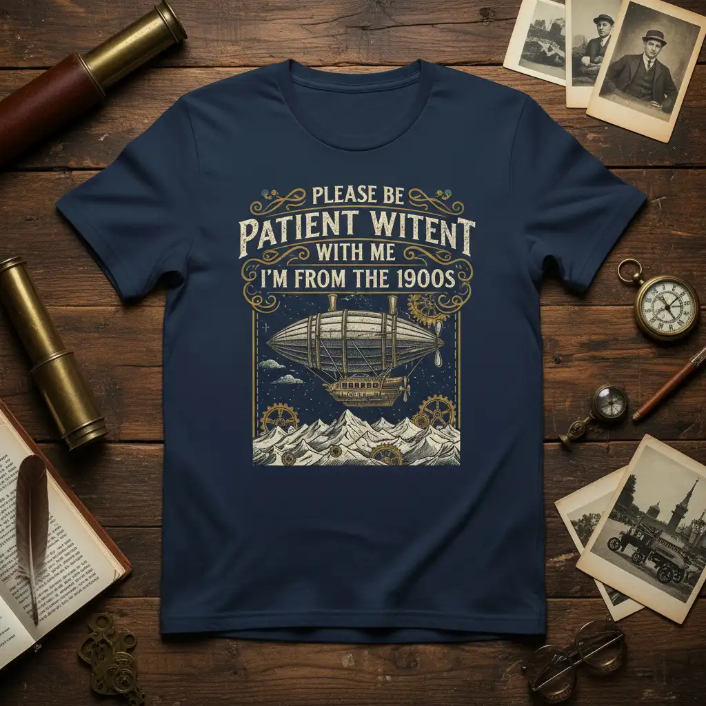 Please Be Patient Witent With Me I'm From The 1900s text with steampunk airship and gear graphic on a navy tee