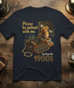 Please be patient with me. I'm from the 1900s text with vintage typewriter, gramophone, and vinyl record graphic