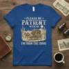 Please Be Patient With Me I'm From The 1900s t-shirt featuring a vintage stagecoach, horses, cacti, and moon illustration