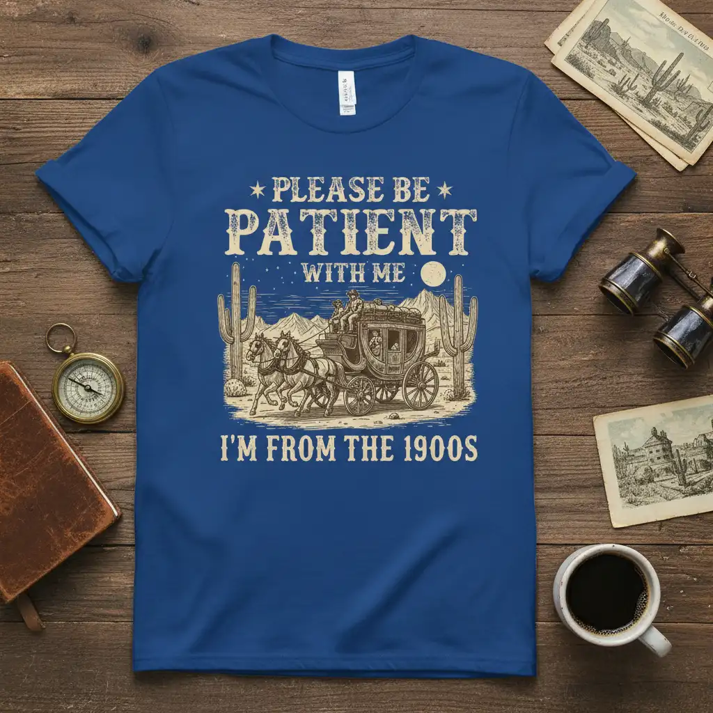 PLEASE BE PATIENT WITH ME I'M FROM THE 1900S vintage quote t-shirt with stagecoach graphic