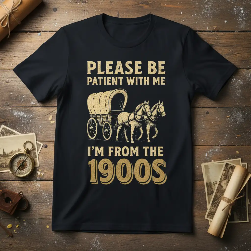 Please Be Patient With Me I'm From The 1900s quote on a t-shirt with vintage carriage graphic