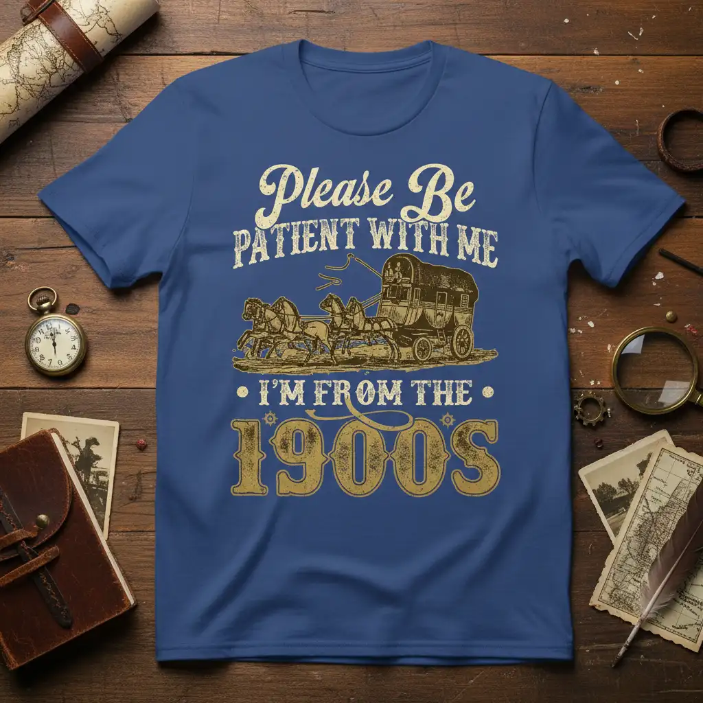 Please Be Patient With Me I'm From The 1900S quote tee with vintage horse-drawn wagon graphic