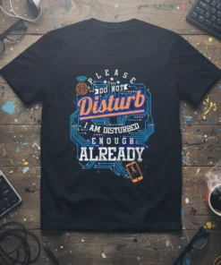 Please Do Not Disturb I Am Disturbed Enough Already quote t-shirt with circuit board graphics and brain icon