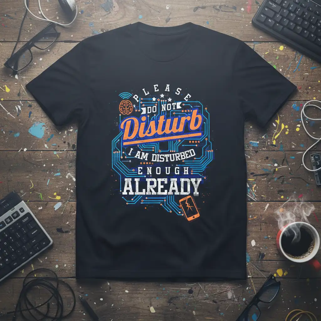 Please Do Not Disturb I Am Disturbed Enough Already quote on a t-shirt with tech design elements