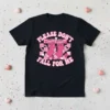 T-shirt with "Please Don't Fall For Me" text and cute pink socks graphic, surrounded by hearts and checkered pattern