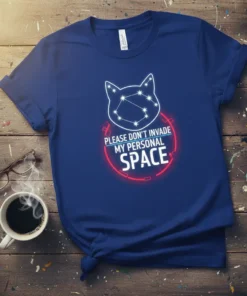 T-shirt with "Please Don't Invade My Personal Space" text, featuring a constellation cat graphic and neon-like red circle