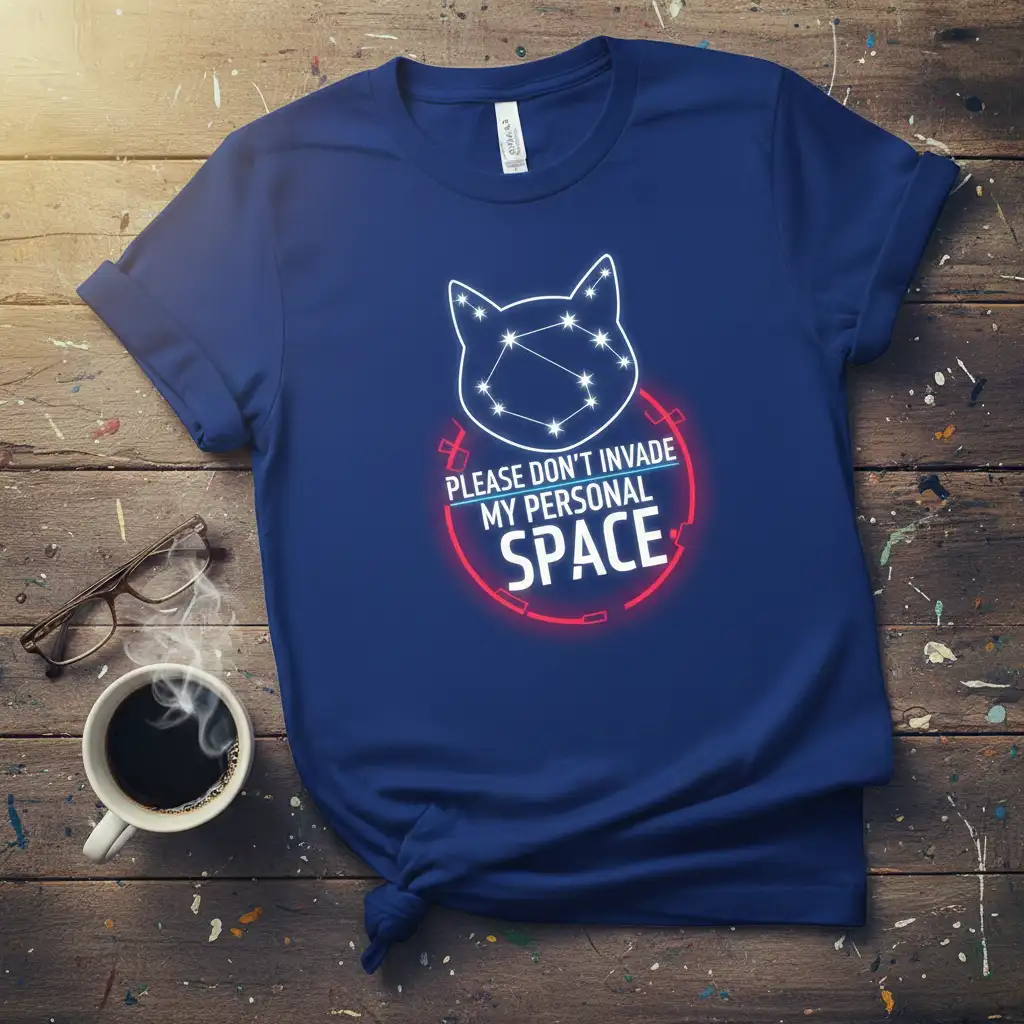 Please Don't Invade My Personal Space quote with a constellation cat graphic on a dark blue t-shirt