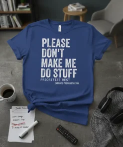 Blue t-shirt with white text: "PLEASE DON'T MAKE ME DO STUFF PRIORITIZE REST EMBRACE PROCRASTINATION"