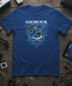 Please Don't Pet Me I'm Working t-shirt design featuring a robot head and a hand with a prohibition symbol