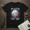 Black t-shirt featuring the text "PLUTO NEVER FORGET 1930 - 2006" with a graphic of Pluto surrounded by its moons