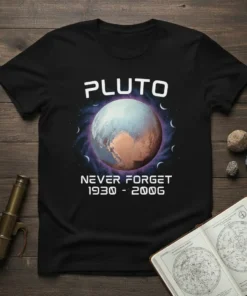 Black t-shirt featuring the text "PLUTO NEVER FORGET 1930 - 2006" with a graphic of Pluto surrounded by its moons