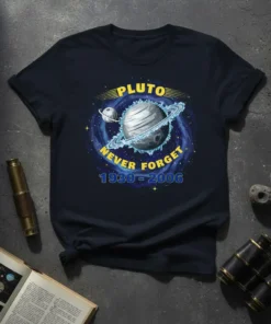 Pluto Never Forget 1930-2006 T-Shirt with planet graphic and space swirl design