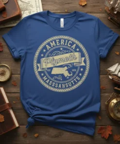 Vintage Plymouth Massachusetts USA t-shirt design with circular emblem, map, and text "America Plymouth Est. 1820 Massahutts"