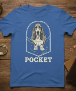 Pocket Basset Hound dog graphic t-shirt design with the word POCKET below the dog
