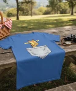 Pocket Giraffe Design T-Shirt featuring a cute cartoon giraffe peeking from a faux pocket graphic