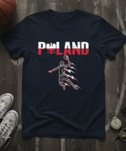 Poland Basketball Player Dunk T-Shirt design with Polish flag text and a stylized basketball player mid-dunk