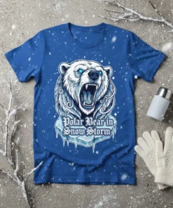 Polar Bear in Snow Storm t-shirt design featuring a fierce polar bear roaring amidst a snowy blizzard and ice elements