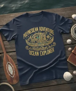 Polynesian Adventure Ocean Explorer text and graphic design on a navy blue t-shirt, featuring a traditional canoe and tribal patterns