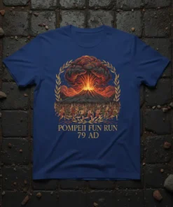 Pompeii Fun Run 79 AD t-shirt design featuring Mount Vesuvius eruption and fleeing figures within a laurel wreath