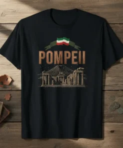 Pompeii t-shirt design with ancient Roman ruins, Mount Vesuvius, and Italian flag