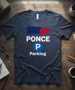 T-shirt with "PONCE Parking" text and a parking sign graphic, featuring a map of Puerto Rico