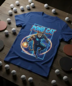 Pong Cat t-shirt design featuring a muscular cat playing table tennis, with neon circuit board background