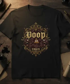 Poop Emoji T-Shirt design with ornate gold border, featuring a brown poop emoji and two red demonic creatures