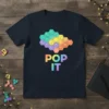 Navy t-shirt with "POP IT" text and a honeycomb of colorful pop bubble shapes above it