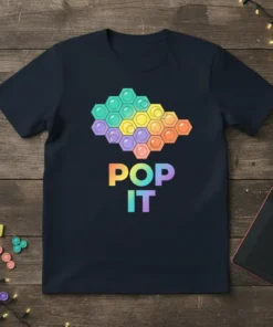 Navy t-shirt with "POP IT" text and a honeycomb of colorful pop bubble shapes above it