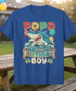Popo of the Birthday Boy t-shirt with a cool shark wearing sunglasses and party balloons