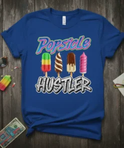 Popsicle Hustler text design with four colorful popsicles in a row on a royal blue t-shirt