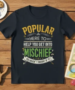 POPULAR HERE TO HELP YOU GET INTO MISCHIEF YOU HAVEN'T THOUGHT OF YET quote on a dark t-shirt with yellow