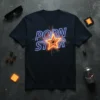 Porn Star neon sign graphic on a black t-shirt, retro style with glowing effects