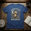 Possum Players Bluegrass t-shirt featuring a possum playing a banjo under a moon, with musical notes and foliage