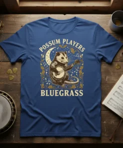 Possum Players Bluegrass t-shirt featuring a possum playing a banjo under a moon, with musical notes and foliage