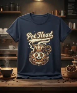 Pot Head coffee lover t-shirt featuring a smiling coffee pot graphic and the text "Pot Head" in vintage style