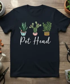 Pot Head T-Shirt design featuring three potted plants and the text "Pot Head" in white script font