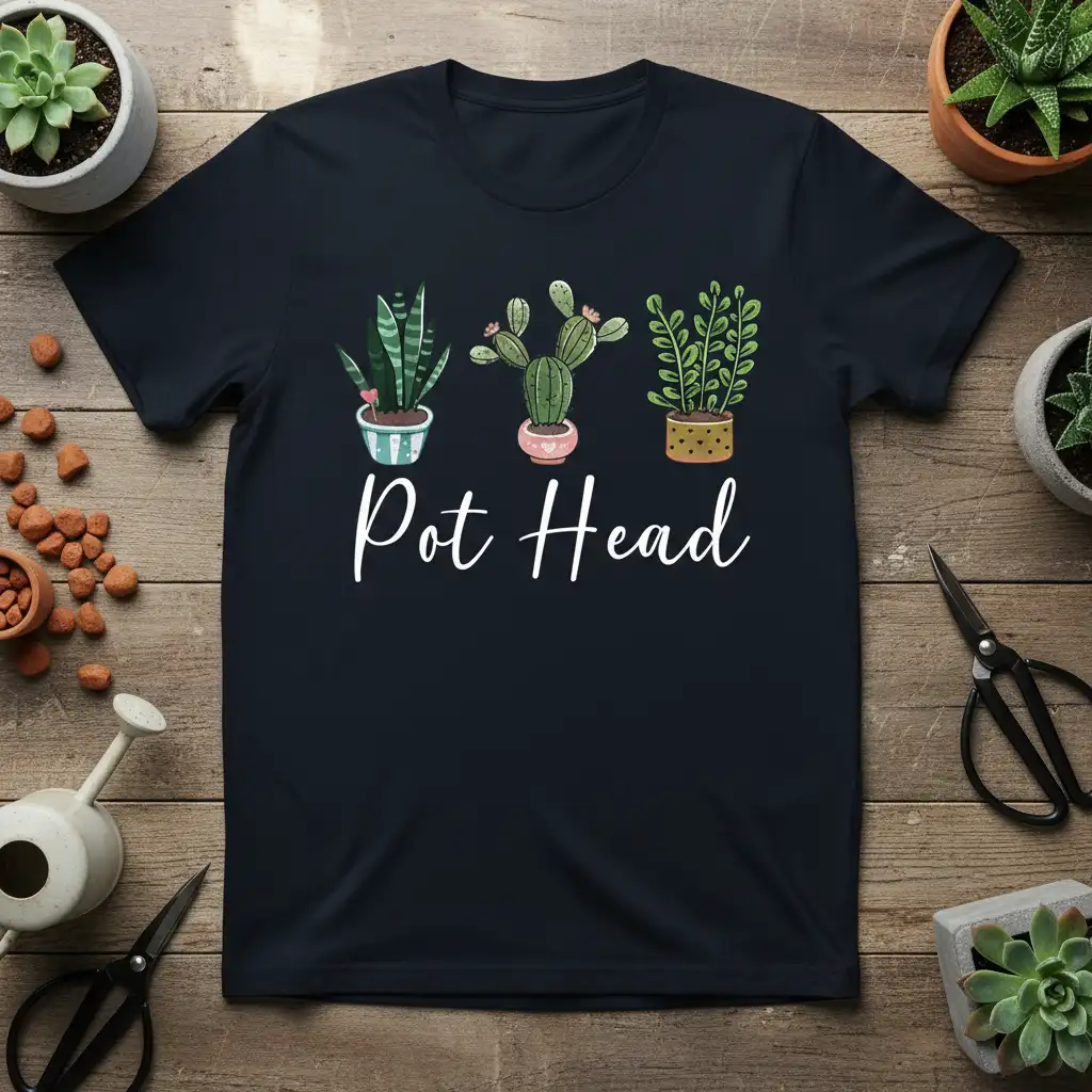 Pot Head T-Shirt design with three potted plants and white script text, ideal for plant lovers