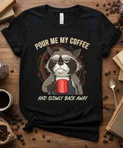 Black t-shirt featuring a grumpy raccoon holding a coffee mug with the text "Pour Me My Coffee And Slowly Back