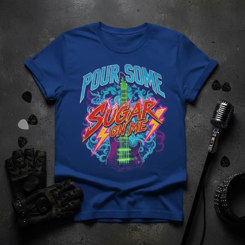 Pour Some Sugar On Me text design with electric guitar, flames, and lightning bolts on a blue shirt