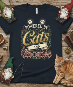 T-shirt design with text "Powered by Cats AND Gnomes", featuring paw prints, decorative vines, mushrooms, and gnome illustrations